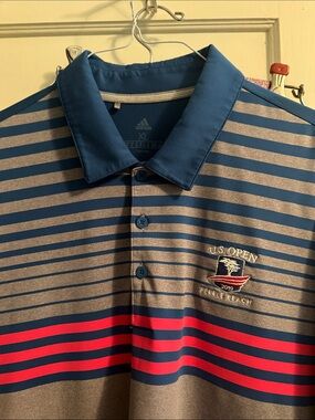 adidas Men’s Striped Golf Polo — Blue, Gray & Red Accent